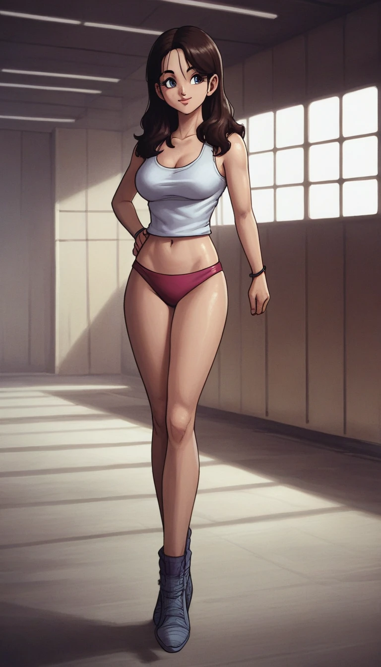 ((Masterpiece)), ((best quality)), very detailed, Detailed background, 1 woman, wavy brown hair, conjunctivitis, sly face , smile , tank top, pink bikini , abdomen, big breasts , Long legs , stand on your hips , abandoned factory, at night