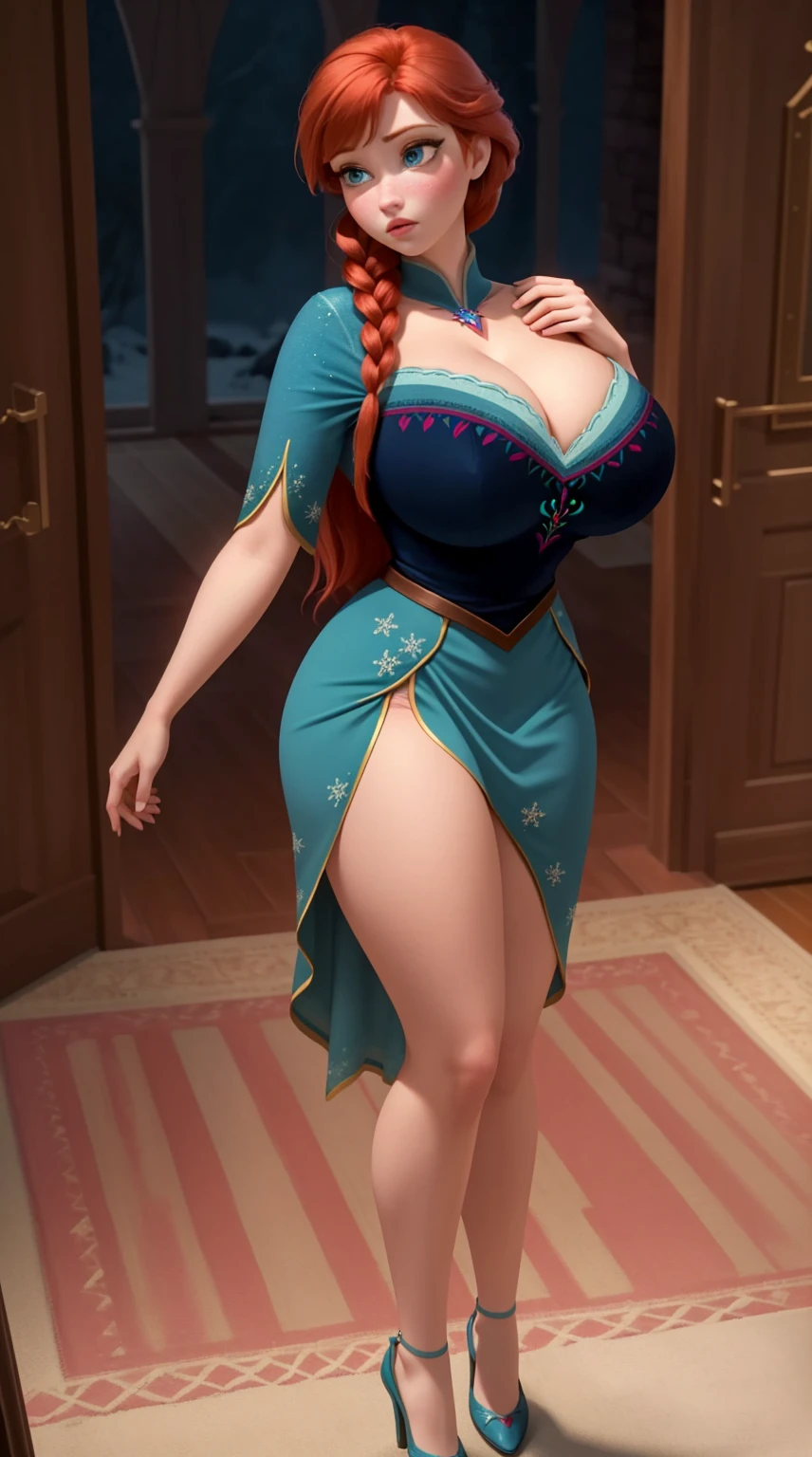 ,30 years old Anna from Frozen, woman, ((Masterpiece, best quality)), full body view, wide hips, bursting huge breasts, detailed skin, Anna from Frozen, highly detailed, cinematic lighting, ultra realistic, blush, looking at viewer, Anna, Anna from movie Frozen, red hair, blue eyes, huge breasts, tall body, long sexy legs, perfect body.