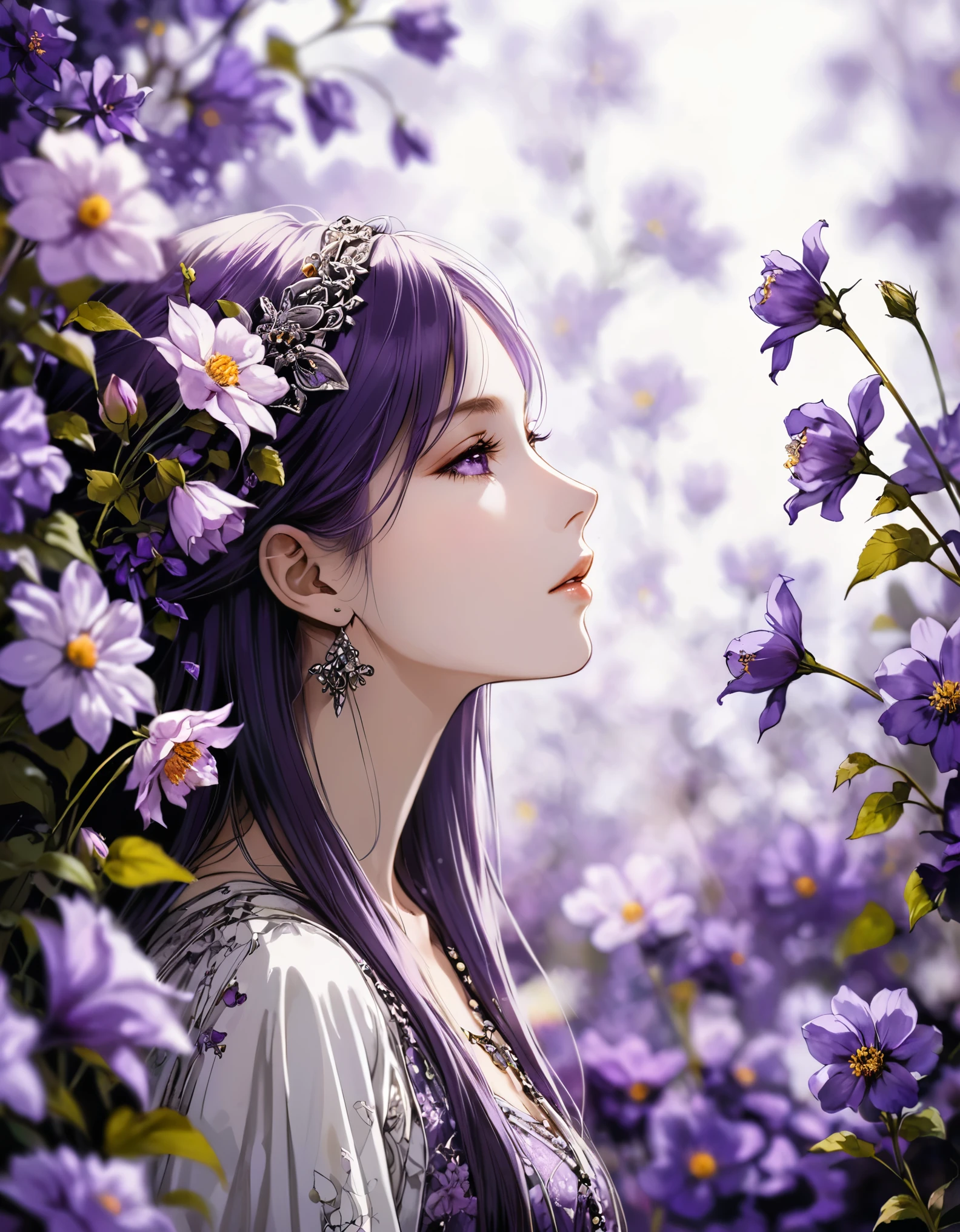 (in style of Harry Clarke:0.5),(in style of Santiago Caruso:0.7),
1girl,Long hair,Beat Clothing,Delicate girl's facial makeup,(((Bright natural side light,Bright tones))),(golden hour:1.8)
BREAK
flower background,(flower foreground:1.6),( background blurred:1.7),from_Side,figure-centered composition,look up,(photo:1.4),(authentic:1.5),mid_shot,looking at viewer,(blurry foreground:1.8),Atmospheric violet,