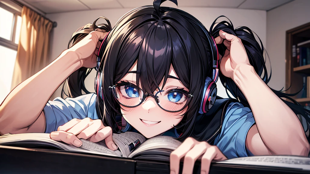 ((UHD, super detail, best quality, highres)),black hair, ahoge, hair over shoulder, twintails, hair bobbles, headphones, bespectacled, blue eyes, smile, (headphones), anime, anime style,He is in his room listening to music and studying.