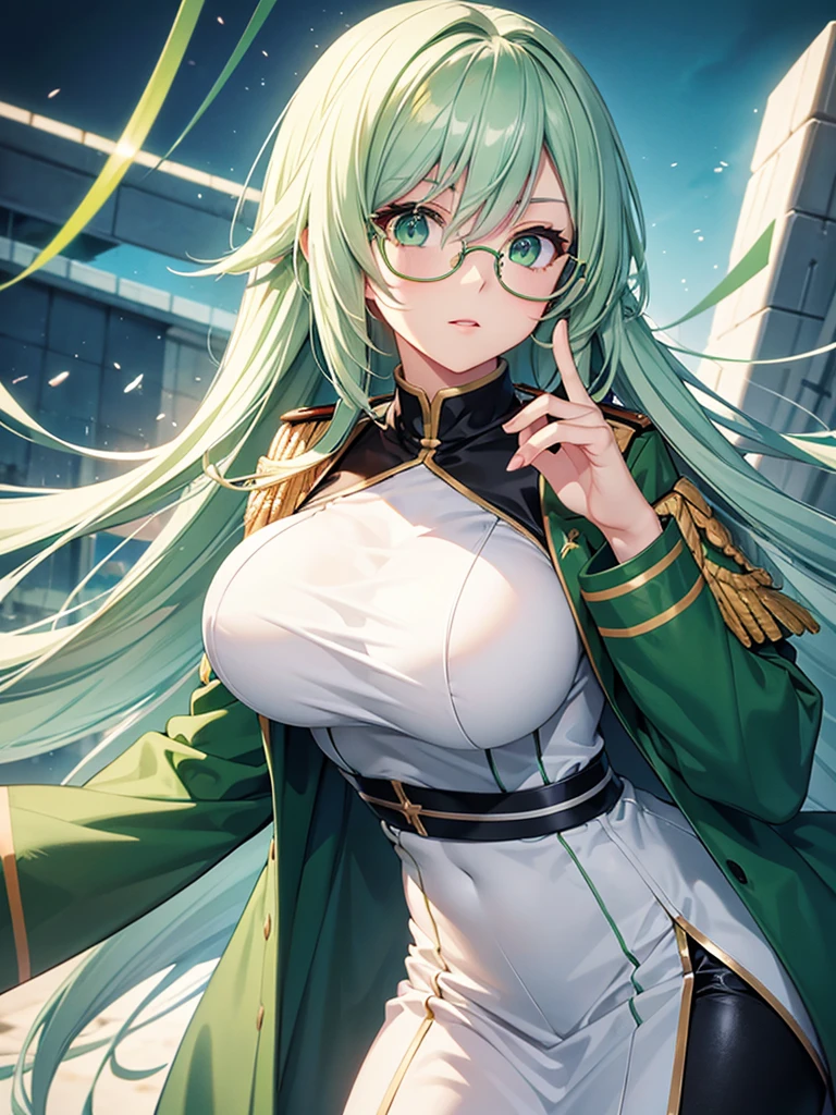 high resolution, best quality, Gradient hair, green hair, white hair, big breasts, Green eyes looked up., Frameless glasses, digital art, long hair, Solo, 1 woman, blue military uniform