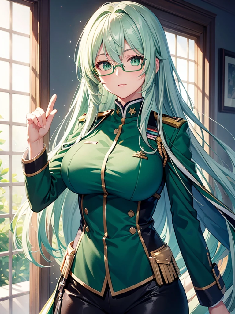 high resolution, best quality, Gradient hair, green hair, white hair, big breasts, Green eyes looked up., Frameless glasses, digital art, long hair, Solo, 1 woman, blue military uniform