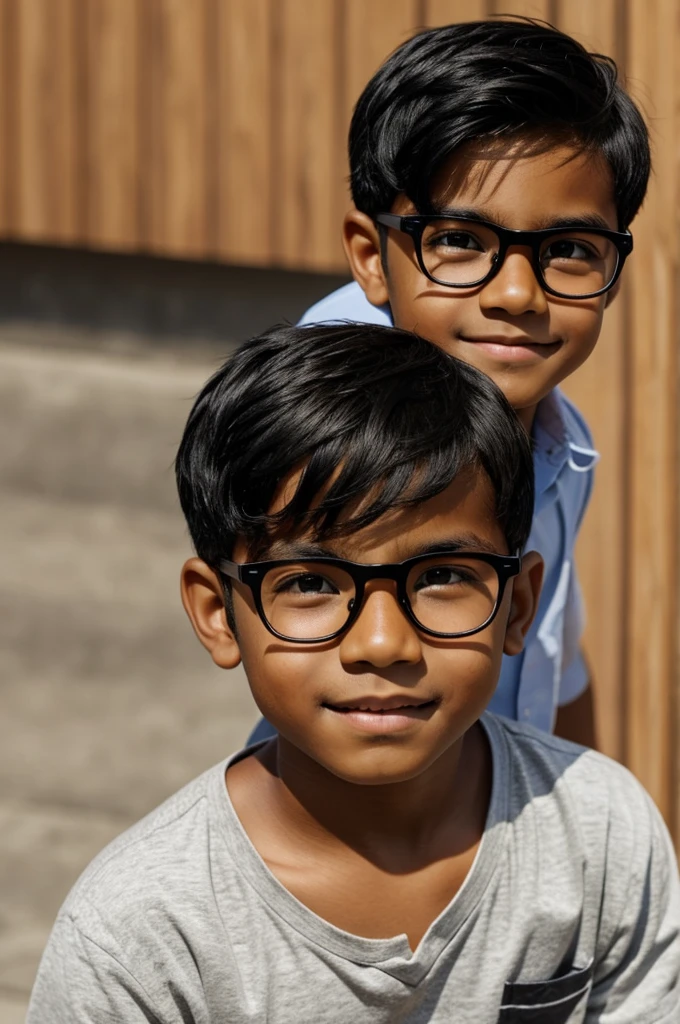 A young boy half white Bolivian straight hair with bangs half transparent glasses