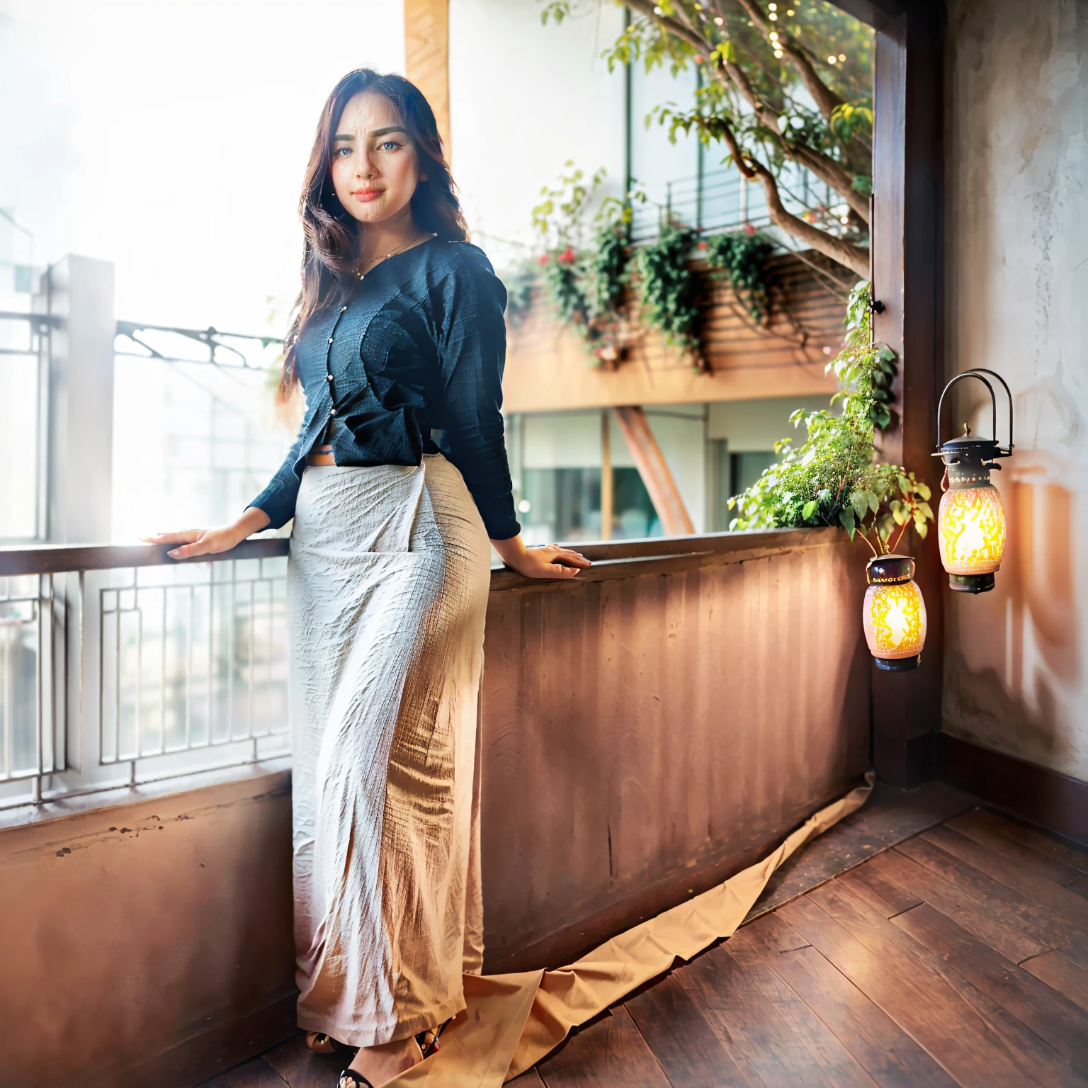 pretty lady MoonLay, innocent cute smile, cute and pretty face, red lips, (stylishly standing alone and leaning against the balcony wall:1.5), (seductively gazing up to the sky:1.5), (night:1.5), smooth face skin, traditional beauty, cinematic portrait glow lighting, acmm ss outfit, wearing acmm top, (white shirt:1.3), long sleeves, wearing acmm long skirt, (red long skirt:1.3), stiletto high heel, (full body view:2), (two story building rooftop balcony with vibrant colorful hanging lanterns with small townscape background:1.5), (cinematic bokeh blur background:1.5), cinematic lighting, perfect anatomy, perfect hands,