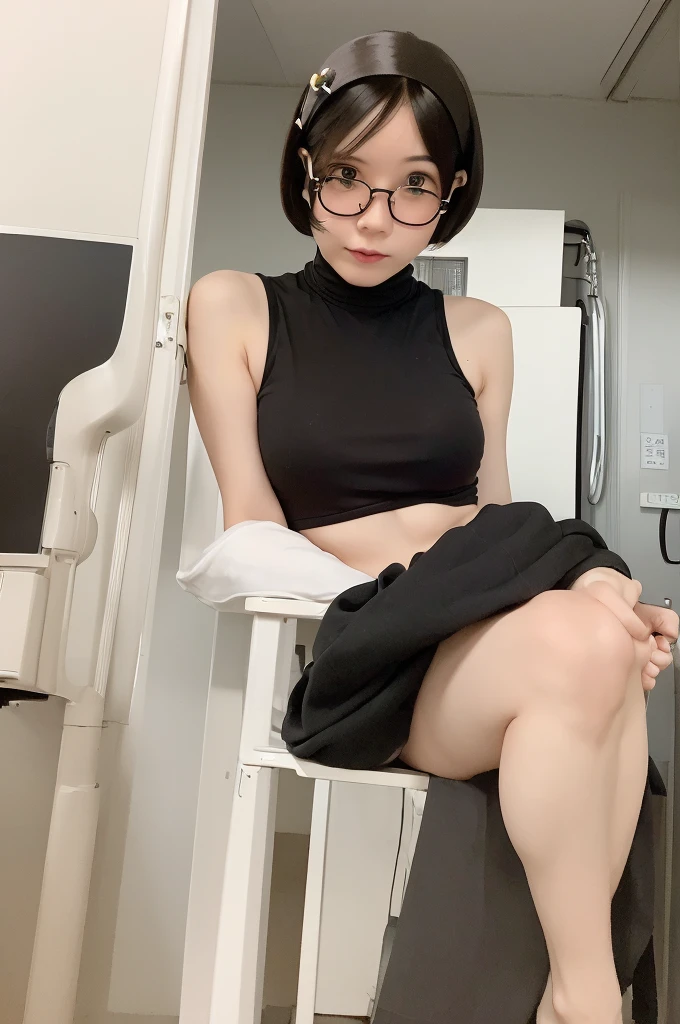 (masterpiece, Highest quality, It captures a very cute moment, Depth of written boundary, Super detailed, Ultra-high resolution, C4D, Octadale, 3D Modeling,Realistic human photos、 8k, 16K, One Girl,, 15 years old、Small breasts,Black Hair,short hair,Straight Hair,Light brown eyes,White headband,Wearing black glasses,Cute Face), Bloomers, Black tank top, zettai ryouiki, Wet clothes,Classroom Nights,Moonlight, Good elevator, Take off、Real-life skin、Not an anime、Realistic、