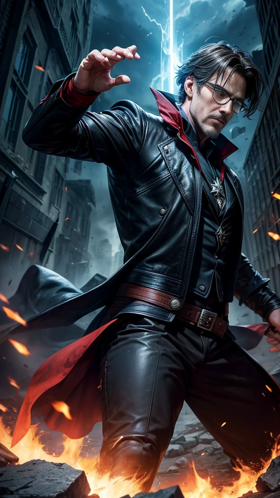 (masterpiece, Best image quality),One Man, A hero wearing a black leather suit, (Dynamic pose | Element Surround:1.2), Low angle view, Very detailed, Ruins of the battle, intense, Outdoor, Doctor Strange, wise, Wizard, Wear glasses