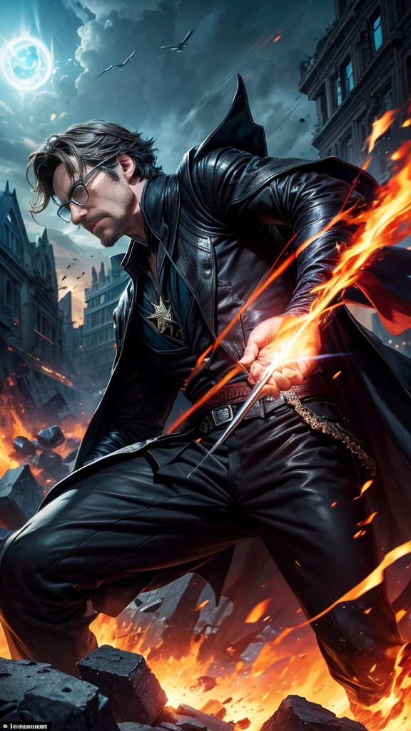 (masterpiece, Best image quality),One Man, A hero wearing a black leather suit, (Dynamic pose | Element Surround:1.2), Low angle view, Very detailed, Ruins of the battle, intense, Outdoor, Doctor Strange, wise, Wizard, Wear glasses
