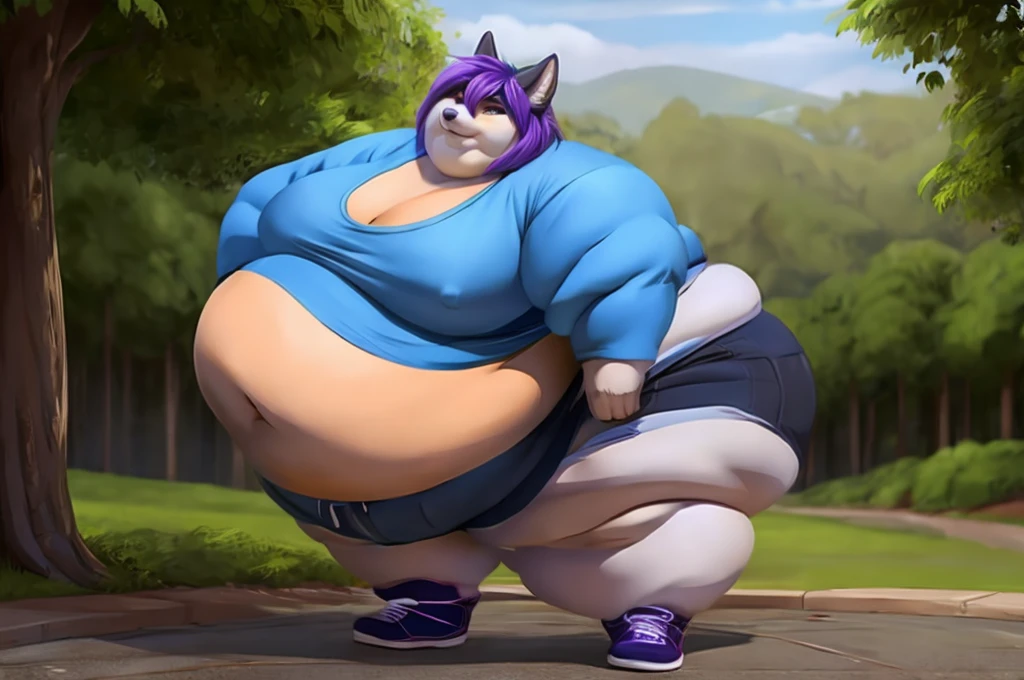 Grey wolf, female, long purple hair, huge breasts, huge hips, huge, huge belly, belly rolls, fat rolls,fat arms, fat legs, belly overhang, double chin, chubby cheeks, t-shirt, shorts, gorgeous, beautiful, eyelashes, voluptuous, plump, morbidly obese, solo,fat neck, huge belly ,shoes, outside