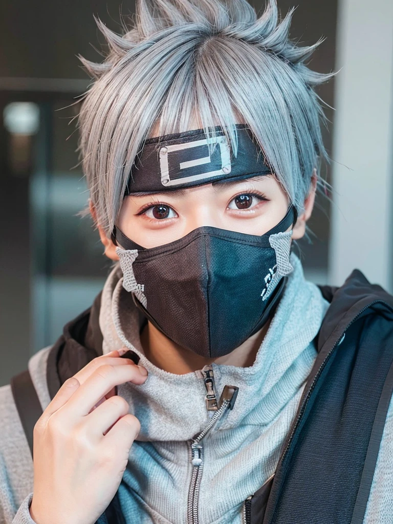 1boy, kakashi, grey hair, covered mouth, mouth mask, red eye, scar across eye, forehead protector