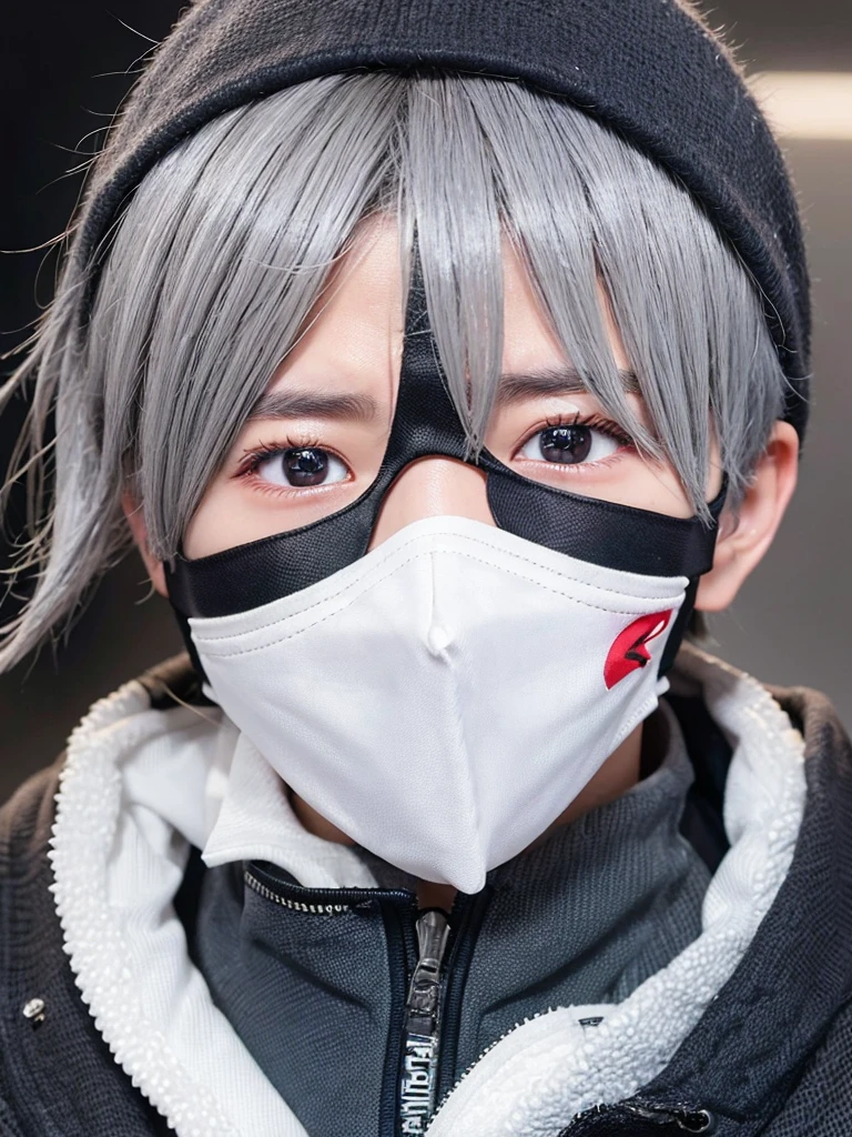 1boy, kakashi, grey hair, covered mouth, mouth mask, red eye, scar across eye, forehead protector
