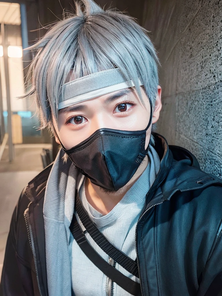 1boy, kakashi, grey hair, covered mouth, mouth mask, red eye, scar across eye, forehead protector