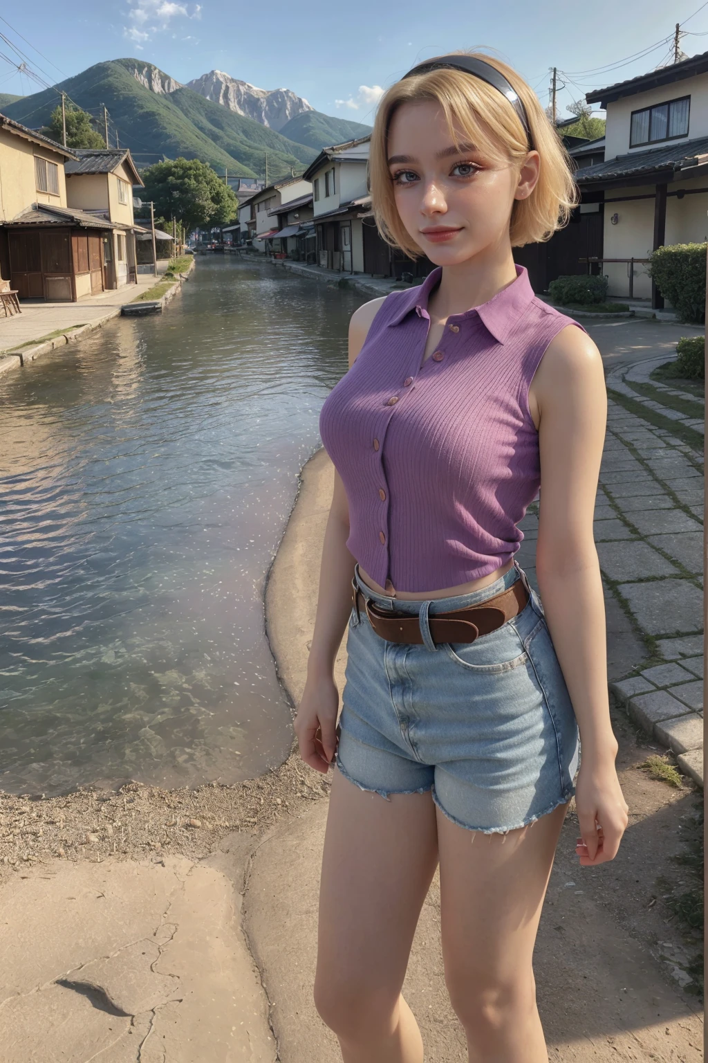 1 woman, adult woman, woman in her 30s, tarankaaa, NOT DASHA TARAN, full body standing, perfect body, best quality, 32k, photograph, full body (head to toe), tone mapping, ((houjou satoko,short hair,black hairband,blonde hair,violet eyes,hair between eyes,collared shirt,sleeveless shirt,pink shirt,shirt tucked in,mid sized breasts,belt,short shorts,blue shorts,white socks,pink footwear, athletic, big woman)), asian-european, ((golden blonde hair, short hair, purple eyes)) perfectly drawn hands, ((masterpiece)), ((highres)), ((detailed background)), japanese village background, next to a river, (big proportions), cute pose, beautiful smile, ((perfect eyes, detailed eyes, realistic eyes)), ((sharp face, detailed face, realistic face, natural skin, realistic skin, detailed skin, pores)), (real wider legs, truly wider arms)