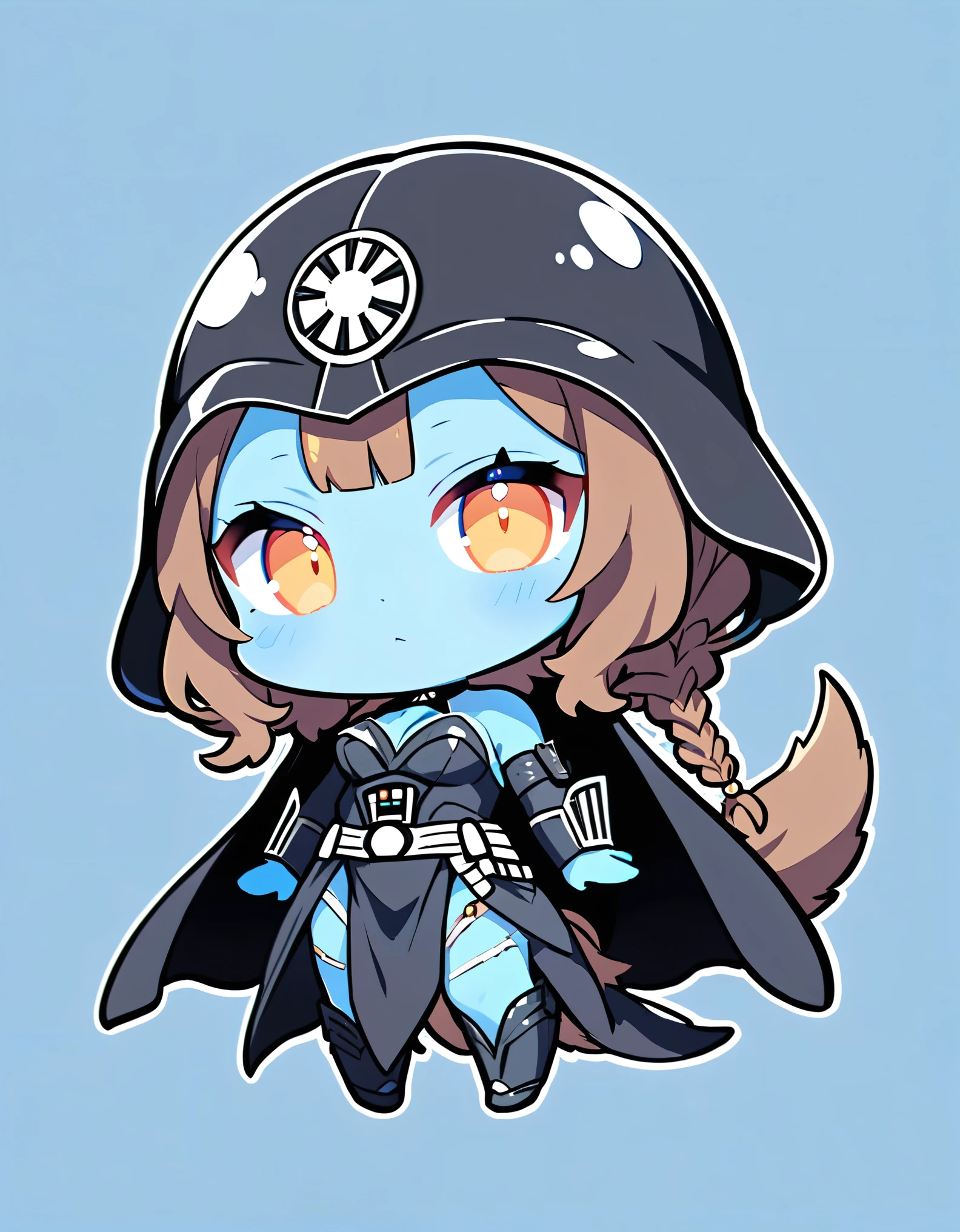 (alien woman,Blue Skin,Dreadlocks,Cute tail,Wearing a Darth Vader costume),(chibi),(Chibi Character)