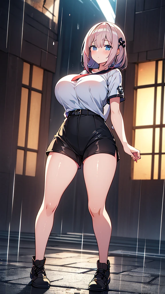Full body image, front, One girl, 18-year-old, Mix 4, (32K, RAW Photos, Highest quality, masterpiece:1.2), (Anime-like, photoAnime-like:1.37), cute, カジュアルウエア, Short sleeve T-shirt,Shorts,Black knee socks, night, rain, Humidity, Professional Lighting, Photon Mapping, Radio City, Physically Based Rendering, Super Resolution, (Big Breasts:1.2), {{The biological weapon that had preyed on the younger sister took her place and reunited with the older brother, The rebellious little sister has become the obedient little sister}}, Girl Skull, whole body, NSFW