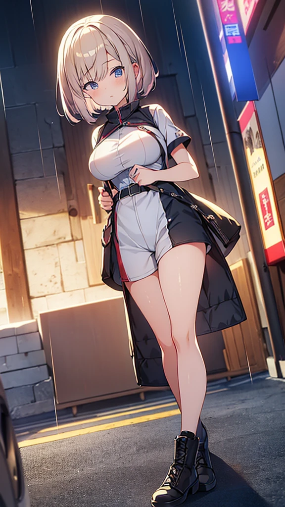 Full body image, front, One girl, 18-year-old, Mix 4, (32K, RAW Photos, Highest quality, masterpiece:1.2), (Anime-like, photoAnime-like:1.37), cute, カジュアルウエア, Short sleeve T-shirt,Shorts,Black knee socks, night, rain, Humidity, Professional Lighting, Photon Mapping, Radio City, Physically Based Rendering, Super Resolution, (Big Breasts:1.2), {{The biological weapon that had preyed on the younger sister took her place and reunited with the older brother, The rebellious little sister has become the obedient little sister}}, Girl Skull, whole body, NSFW