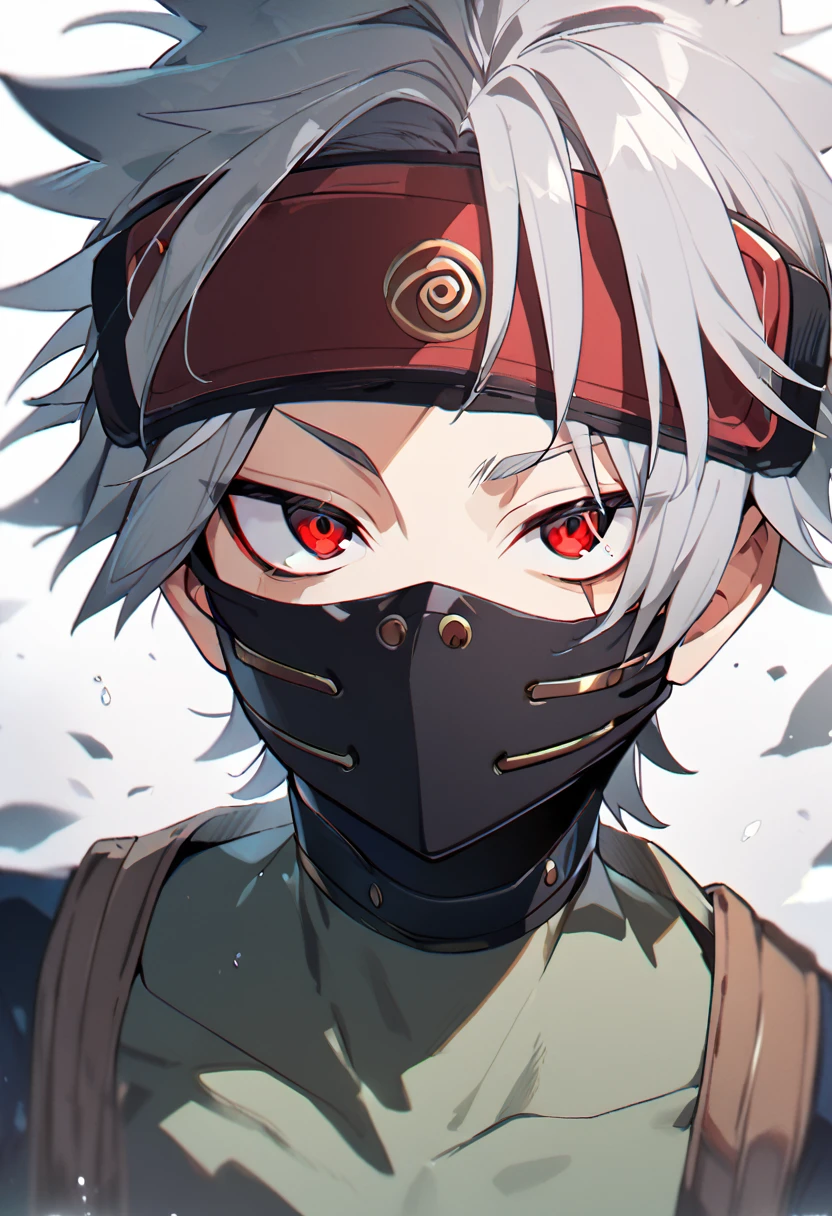 1boy, kakashi, grey hair, covered mouth, mouth mask, red eye, scar across eye, forehead protector