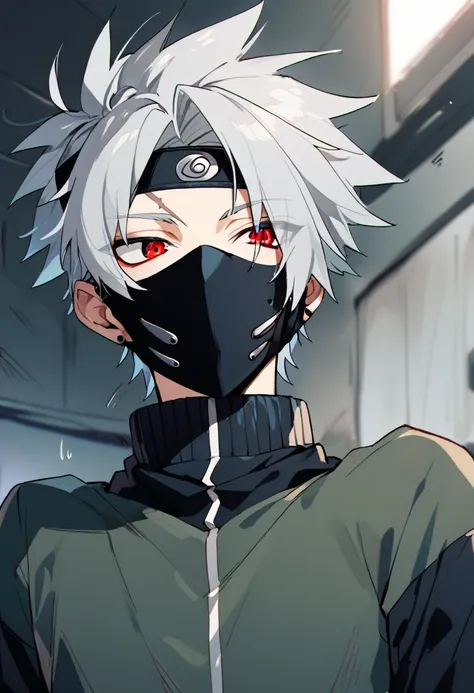 1boy, kakashi, grey hair, covered mouth, mouth mask, red eye, scar across eye, forehead protector