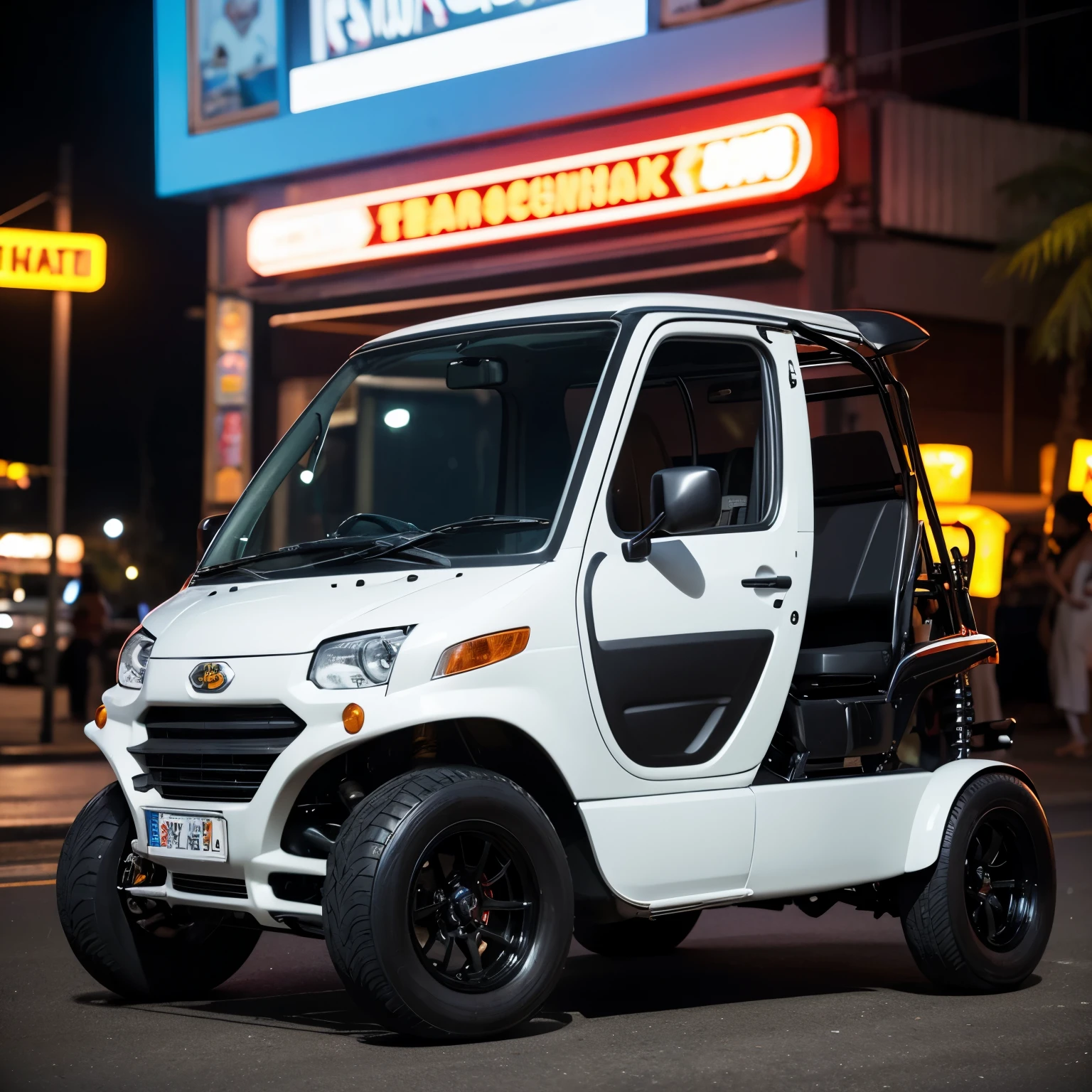 Surreal close-up image of the most modern 250cc tuk tuk supercar in Thailand, surreal details down to every detail of supercar parts such as chassis, wheels, 4 seats, lights, radar and related details, absolutely fully equipped, super sharp super tuktuk with lights on both sides, parked in front of Pattaya amusement park at night, peaceful, fresh, surreal scene, Meticulous to every detail, vivid to every detail, a true masterpiece, a legacy of humanity