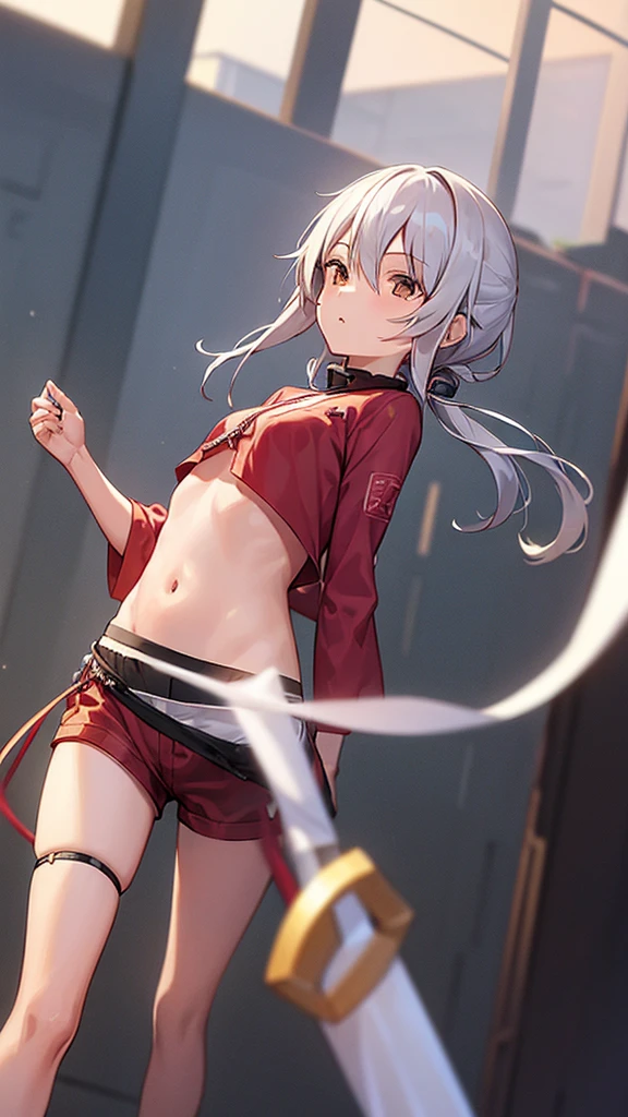 masterpiece, best quality,anime style, 1 girl,(((slender body))), (((small breast))),(((hot pants, white tanktop,red tie))),(((((a gorilla man grabbing the girl))))), ((((restrained, arms behind back)))),((((cum)))), (beautiful face), (((short hair))), (((straight hair))), ((((silver hair)))),detailed beautiful skin, (perfect hands, perfect anatomy)
