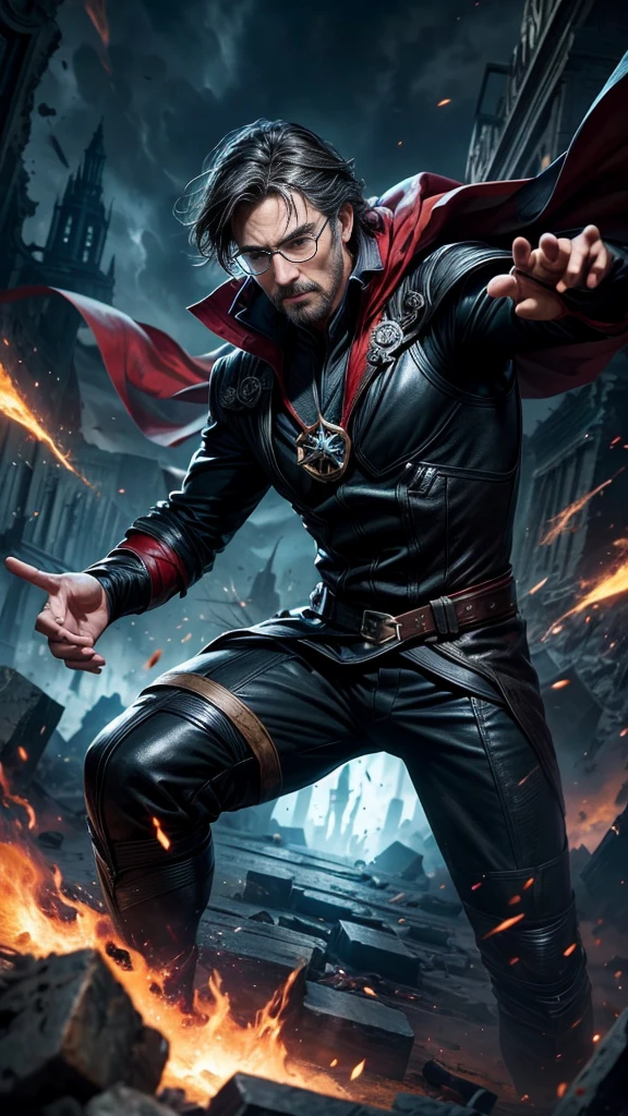 (masterpiece, Best image quality),One Man, A hero wearing a black leather suit, (Dynamic pose | Element Surround:1.2), Low angle view, Very detailed, Ruins of the battle, intense, Outdoor, Doctor Strange, wise, Wizard, Wear glasses