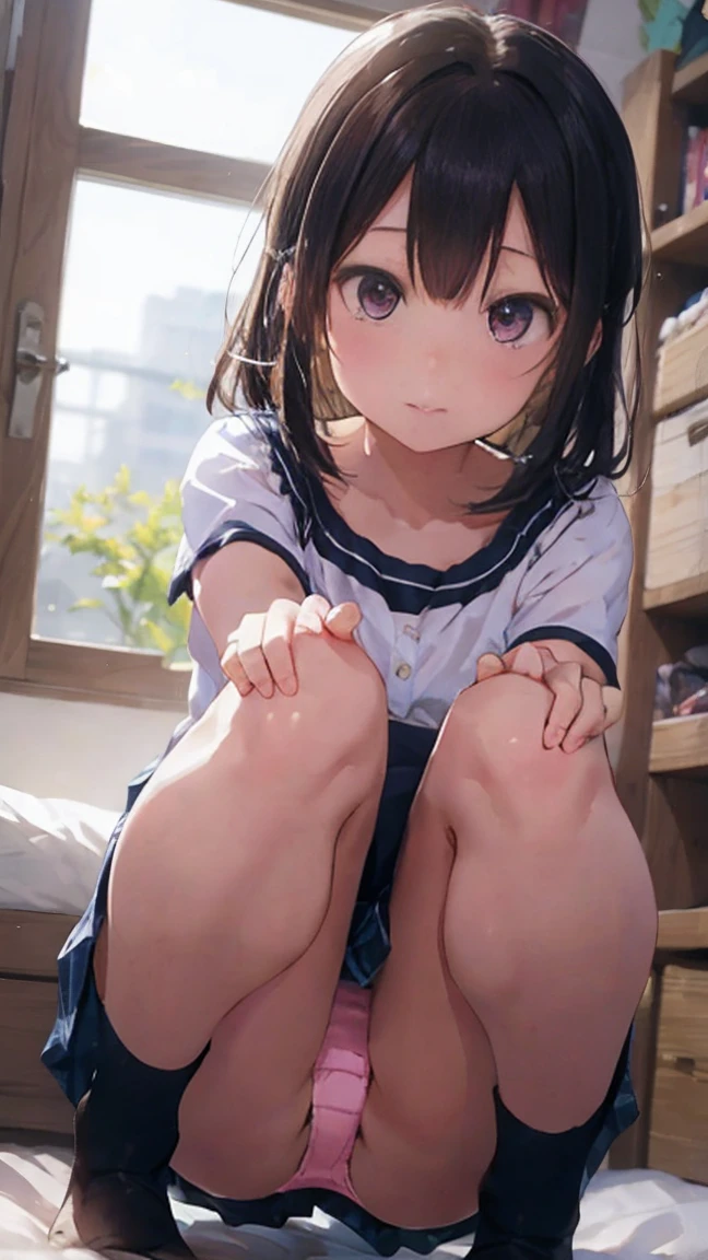 Photorealism、Highest quality、Ultra-high resolution、Browsing Caution、Japanese 、18-year-old、Girl in uniform sitting on bed、Low angle shot:1.5、M-shaped feet:1.4、She opened her legs wide:1.5、Sit with your knees bent and your legs apart、((Showing panties:1.5))、A sexy look for the camera、((Blonde))、((pink silk panties))、Panties close up:1.4、Light blue shirt、Dark blue tartan check pleated skirt、Dark blue socks、A cute and beautiful face down to the last detail、(Pure Eros Face_v1:0.008)、Brown eyes、eyeliner、blush、Embarrassing、Glare、 Glossy Lips: 1.4, impatience、It was scary、Glare、Panty Appeal、Panties close up:1.3、blush、はAre crying、Are crying、Open your knees、Spread your legs、Disheveled clothes、dressing、Medium Long Hair,In the bedroom、Anatomically Accurate human body、Perfect Arms、Perfect hands、Perfect Fingers、Perfect Legs、Accurate human body、Clean background、1 girl、28 years old、knife、wimd、Maple Leaf、Blue and green ink、Close shot、from the front