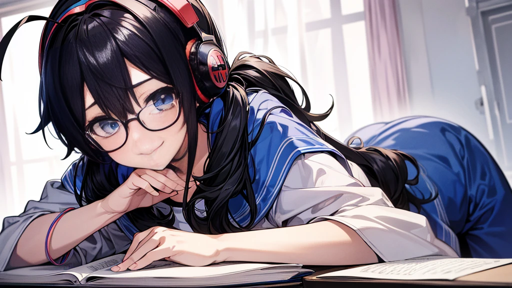 ((UHD, super detail, best quality, highres)),black hair, ahoge, hair over shoulder, twintails, hair bobbles, headphones, bespectacled, blue eyes, smile, (headphones), anime, anime style,He is in his room listening to music and studying.
