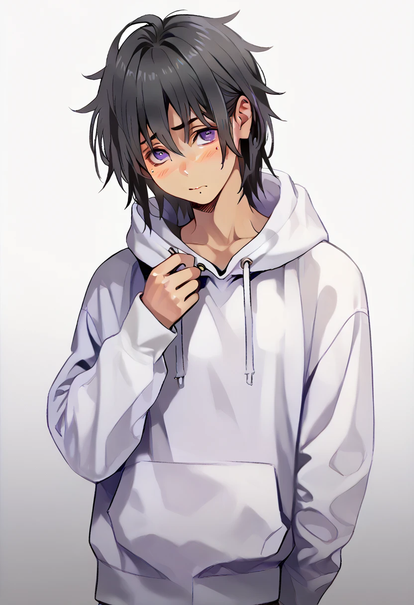 femboy, shy, messy hair, beauty marks, verry tanned, medium length hair, black hair, purple eyes, oversized hoodie.