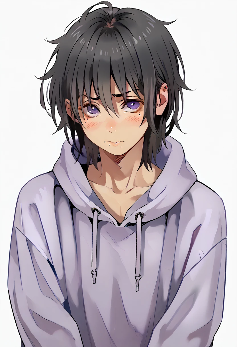 femboy, shy, messy hair, beauty marks, verry tanned, medium length hair, black hair, purple eyes, oversized hoodie.