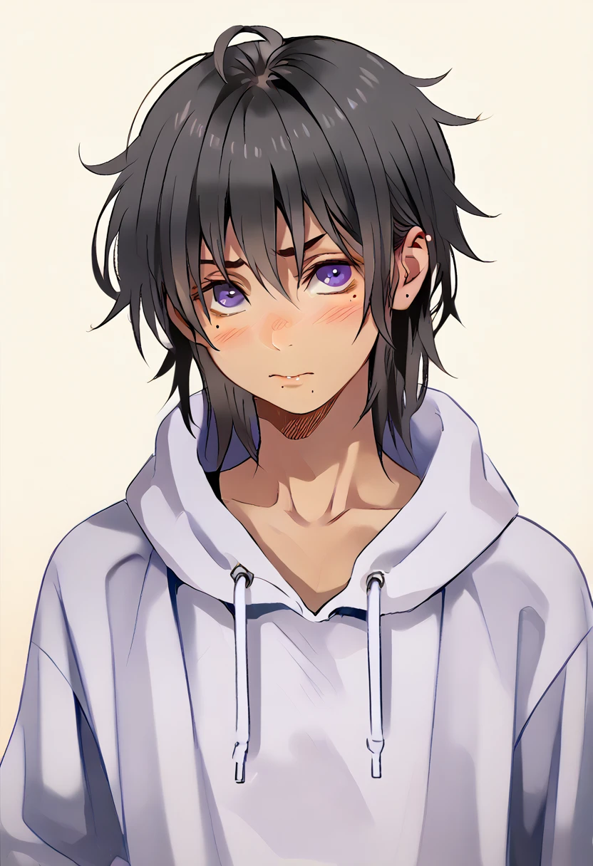 femboy, shy, messy hair, beauty marks, verry tanned, medium length hair, black hair, purple eyes, oversized hoodie.