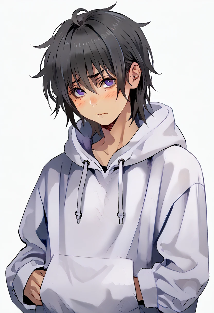 femboy, shy, messy hair, beauty marks, verry tanned, medium length hair, black hair, purple eyes, oversized hoodie.
