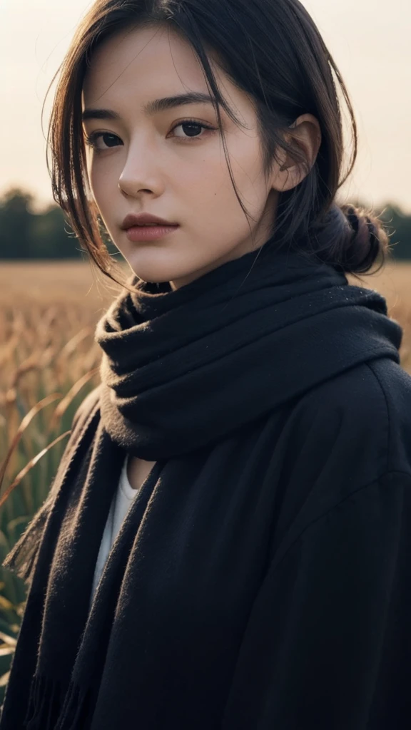 8k, best quality, masterpiece, realistic, ultra detail, photo realistic, Increase quality, 
a photo of a girl standing in a field with a scarf, in the style of dark and brooding designer, voluminous mass, photobash, serene faces, jagged edges, navy, natural beauty, close-up shot
