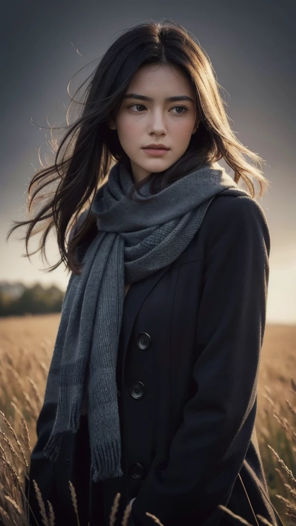 8k, best quality, masterpiece, realistic, ultra detail, photo realistic, Increase quality, 
a photo of a girl standing in a field with a scarf, in the style of dark and brooding designer, voluminous mass, photobash, serene faces, jagged edges, navy, natural beauty, close-up shot
with a lingerie 