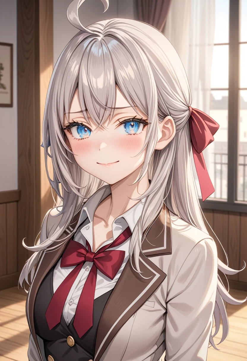 ultra-detailed, 8k,(Colorful anime women), Beautiful Face, One girl, Alisa Mikhailovna Kujo,Tomorrow, my friend, Arya-san, will be visiting Russia.,alone, ((Anime style background)),masterpiece, Highest quality, AI-generated, Complex,High resolution, Highest quality, super high quality,3D Images、3D Images, (Brighten your face), so beautiful,Latest, Complex details, Long Hair, Eyebrows visible through hair, Hair between the eyes, Silver Hair, Hair Ribbon, blue eyes, (Colorful eyes), (Shining Eyes), Medium chest, ,Long sleeve, Jacket,
View your viewers, Upper Body, Dutch Angle,Mouth closed, Close one eye, A light smile,
Highest quality, so beautiful, Absurd,