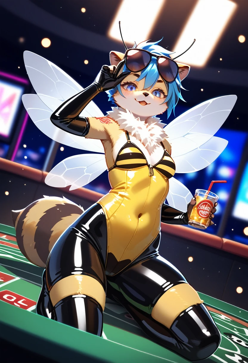 Highest quality, Highest quality, High quality illustrations, masterpiece, Ultra-high resolution, Detailed Background, casino, Absurd, Perfect Anatomy, performance, Good lighting, Shadows in the movies(kemono, Furry Personifi猫ion), latex, neon, neonカラー, cyber punk, Bee costume, Bee Cosplay, Rubber bee tail, Bee Wings, enamel, sunglasses, Tattoo, Dynamic Angle