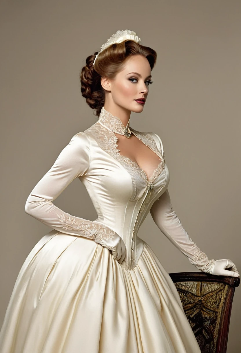 A beautiful Aristacrat goddess with large elegant, hawk-like-nose, who embodies old fashioned class, sophistication, elgance as well as wholesome, natural beauty. curvy, thin-waist, wide-hips, swaying-hips. Laura Vandervoort. Oppulent historically accurate victorian dress. very seductive and perverful.