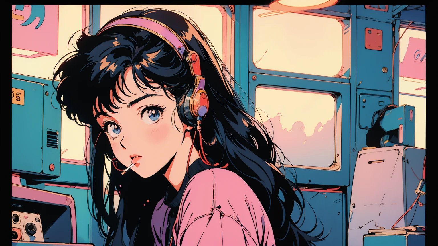 Retro arcade anime girl, 80年代のAnime atmosphere, 80s anime style, Retro Anime Girls, 1980's anime style, Retro anime images, Anime atmosphere, Playing games, smoking、4k、Wear headphones