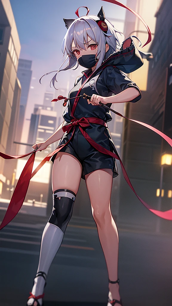 1girl, silver hair, string, ninja, higanbana, mask, short pants, shuriken