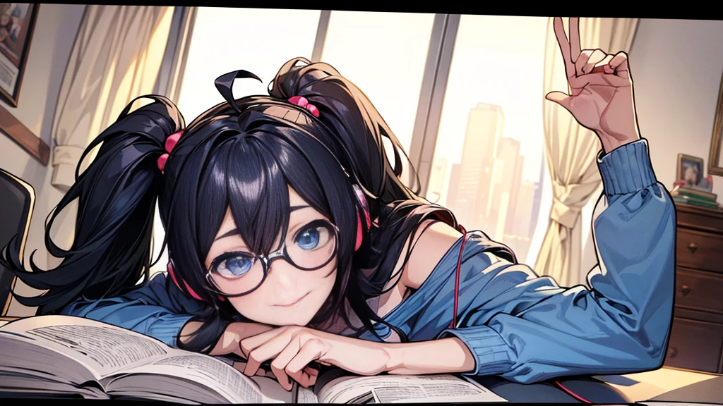 ((UHD, super detail, best quality, highres)),black hair, ahoge, hair over shoulder, twintails, hair bobbles, headphones, bespectacled, blue eyes, smile, (headphones), anime, anime style,He is in his room listening to music and studying.
