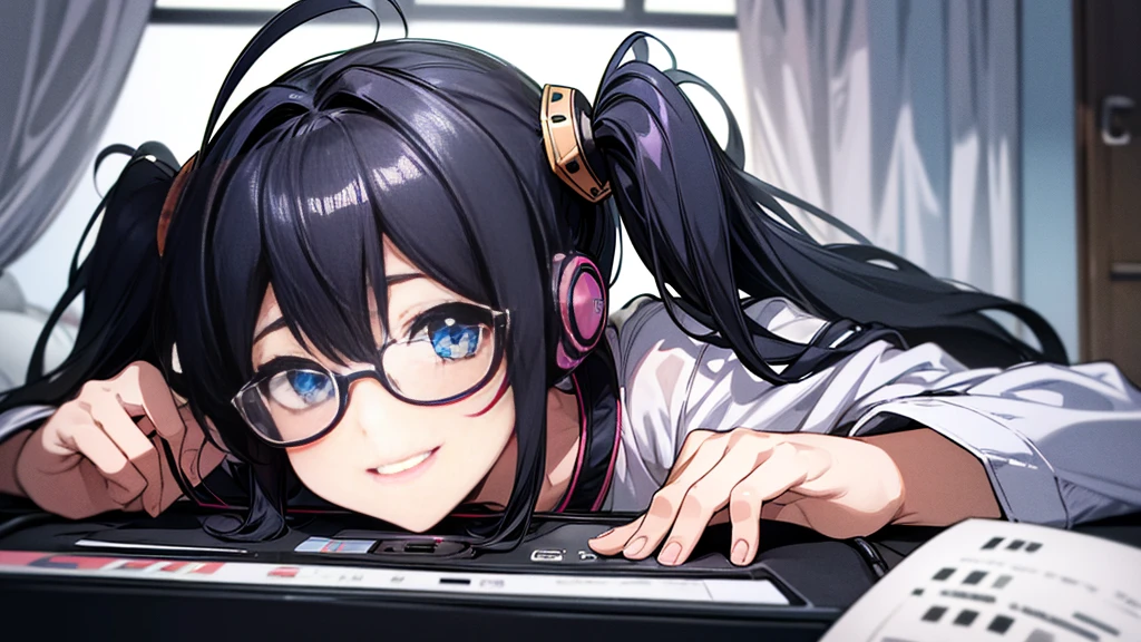 ((UHD, super detail, best quality, highres)),black hair, ahoge, hair over shoulder, twintails, hair bobbles, headphones, bespectacled, blue eyes, smile, (headphones), anime, anime style,He is in his room listening to music and studying.