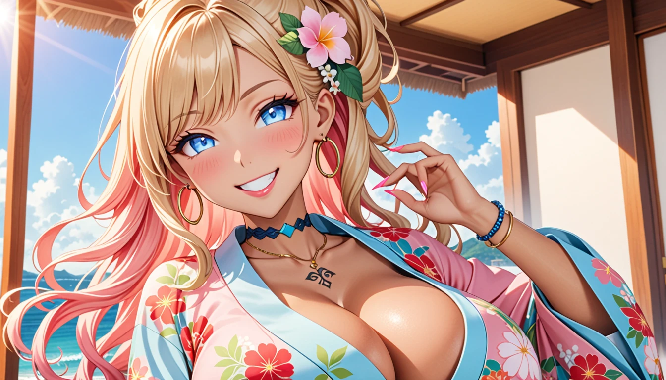 ultra-detailed, ((one girl)), ((portrait)), (tan skin:1.4), in pastel colors gyaru, (heavy makeup), (professional lighting) hyper detailed, absurdres, 8k, Beautiful Face, (Laugh shyly), ((teasing smile:1.8)), ((happy smile:1.5)),  ((Wink:1.4)), (Laugh with your mouth wide open),((Tilt your face:1.6)), View your viewers, ((Bright red cheeks:1.6)),Glossy shocking pink lips, ((huge breasts:1.5)), undressing, ((Her tattoo peeked through her kimono:1.2)), noon, summer, Luxury resort with ocean view, ((Anime style background)),masterpiece, Highest quality, (Brighten your face), so beautiful,Latest, Complex details, ((fluorescent pink long nail:1.2)), (ring),(bracelet), (Floral Choker),AI-generated, Complex,High resolution, Highest quality, super high quality,3D Images、3D Images,One person, (blond long hair), (High Ponytail), (wavy hair:1.4), Anime woman posing for a photo, ((Fine grain、blue eyes、glowing eyes:1.4)), (Squint your eyes:1.1),a hyperRealistic , hyperRealistic , Realistic,Anime woman with long honey blonde hair, Smooth anime CG art, A girl in a gorgeous pastel-colored kimono, ((Pastel-colored furisode)),(Pink large floral pattern),  (sideboob), Long flower hair ornament,large gold hoop earrings, Mature Body, tall,Narrow waist,((dutch angle)), Shooting from an angle,