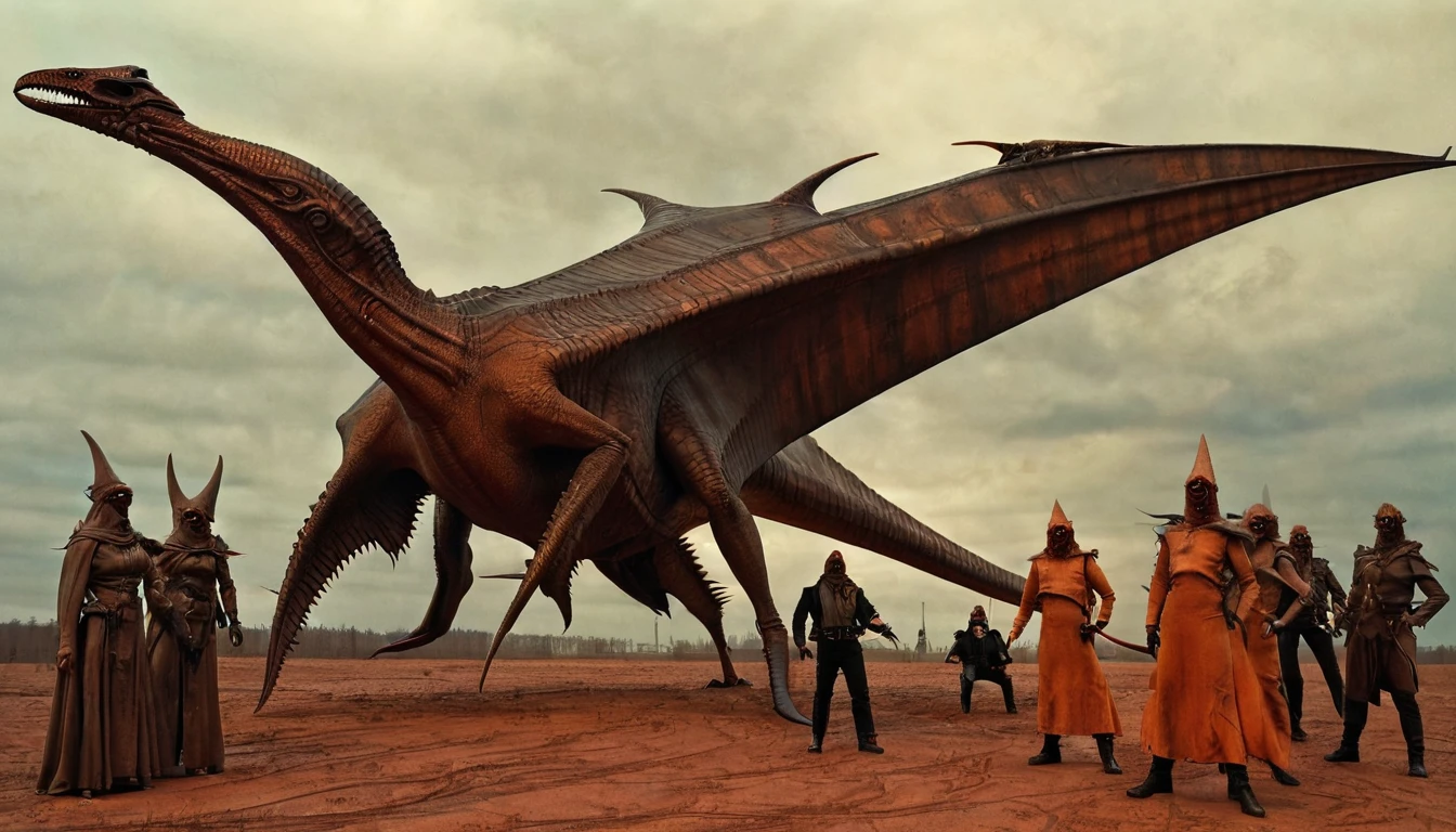 in (full shot:3.1) of lot of characters from a movie for slave girls from beyond infinity, inspired by Zdzislaw Beksinski and Wayne Barlowe, futuristic apocalypse, stalenhag, metal album cover, gwar, heavy metal band promo, (flying pterosaur-headed men and women:2.9), (daytime lighting:2.1), (with Creepy, Sci-Fi, Fantasy and Horror:2.9) retro sci fi, Horror movie, very detailed body, moody, epic, ((Cinematic film)), ((Ultra Detailed)), Complex, ((Sharp Focus)), Object Texture, Studio Photo, Complex Details, ((Highly Detailed)), Photo Real Style, ((Hyper-realistic)), High Dynamic Range, ((Realistic Textures)), 8K UHD, Nikon D 850, Kodak Portra 400, Fujifilm XT, (rich colors), (3D rendering:3.1)