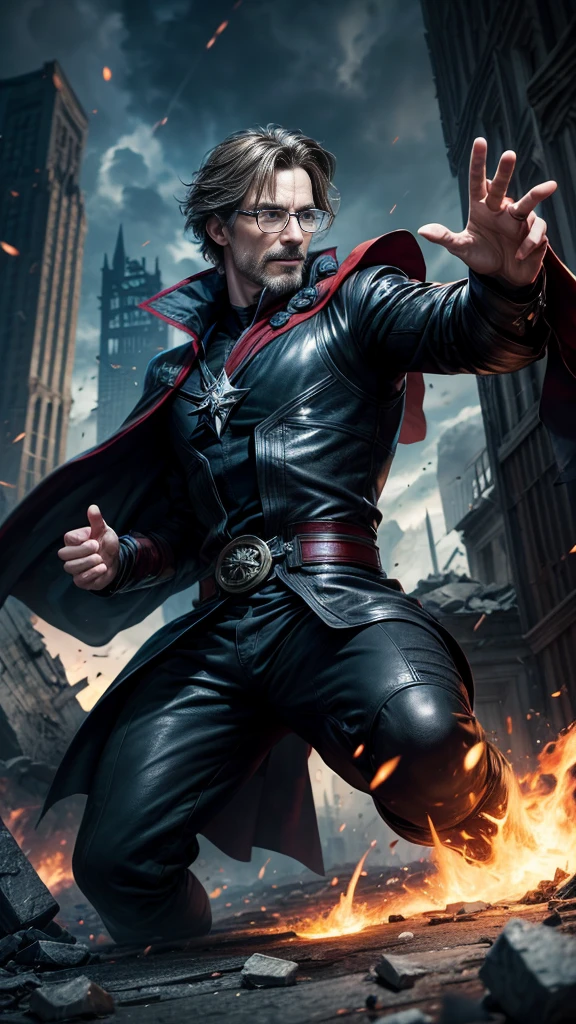 (masterpiece, Best image quality),One Man, A hero wearing a black leather suit, (Dynamic pose | Element Surround:1.2), Low angle view, Very detailed, Ruins of the battle, intense, Outdoor, Doctor Strange, wise, Wizard, Wear glasses