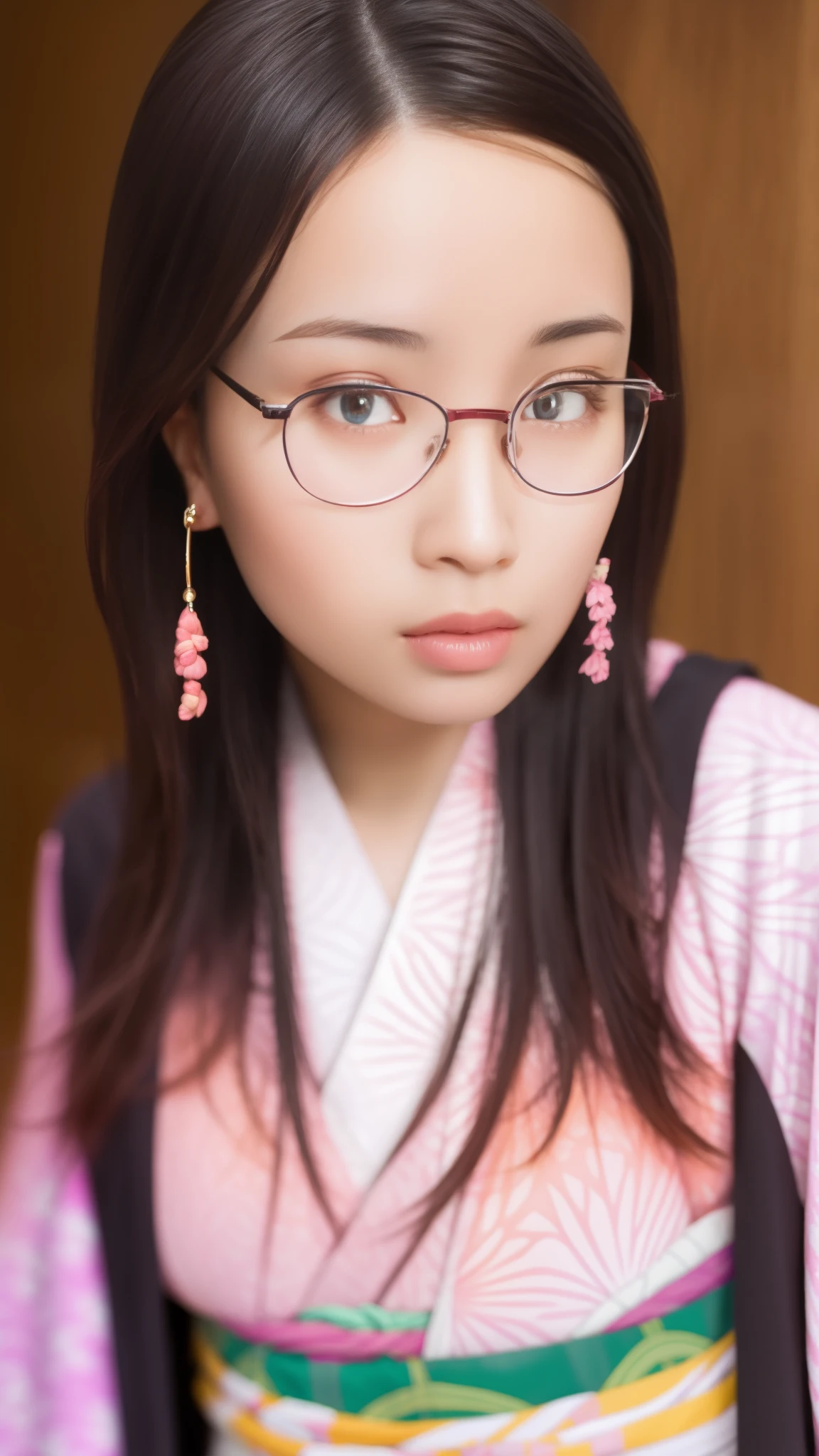 Cute Japanese woman, (), (very cute face), white moisturized skin, looking at the camera, melancholy expression, (glasses: 1.4),
BREAK,
Idol,
BREAK,
(wearing cute kimono: 1.3), (kimono with high exposure), very large earrings, short length,
BREAK,
(long hair), (pink hair: 1.4), (wavy hair), (gradient hair: 1.3), (hair with red ends),
BREAK,
(realistic: 1.3), masterpiece, perfect lighting, (ultra-high resolution), (8K), (highly detailed: 1.4), (from the front), (full body: 1.4), (symmetrical: 1.2), (one shot),
BREAK,
(Shibuya city in Japan: 1.2),
BREAK,
(Demon Slayer: 1.4),
BREAK,
(Hirose Suzu: 1.4),