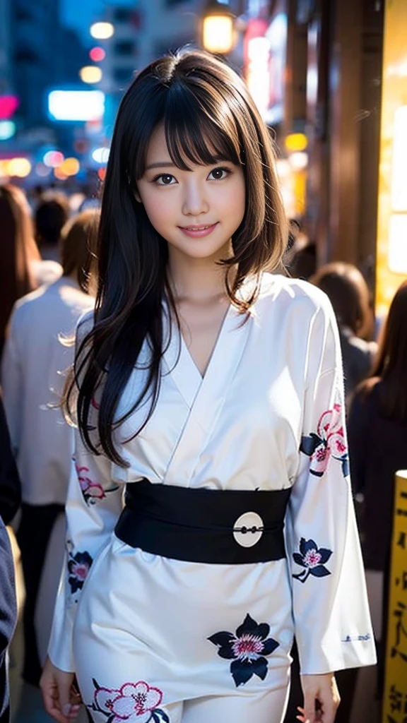 masterpiece, Highest quality，16K, Ultra-high resolution，The light and shadow of reality，((Enjoying a summer night festival in a long-sleeved, jet black, floral patterned yukata)),((The whole body is shown)),((Very skinny)),,((Very slim and long beautiful thighs)),((Very slim and long beautiful calves)),((High nose、Small Mouth)),((Clean and slim face line)),((Big dark eyes with long eyelashes)),((Very small face))((Very slim and beautiful arms)),((She is very slim and has a great figure)),((Pure white beautiful skin)),((Cute Japanese Girls)),(Beautiful Eyes:1.1)，Reflecting clear eyes and a gentle smile,
