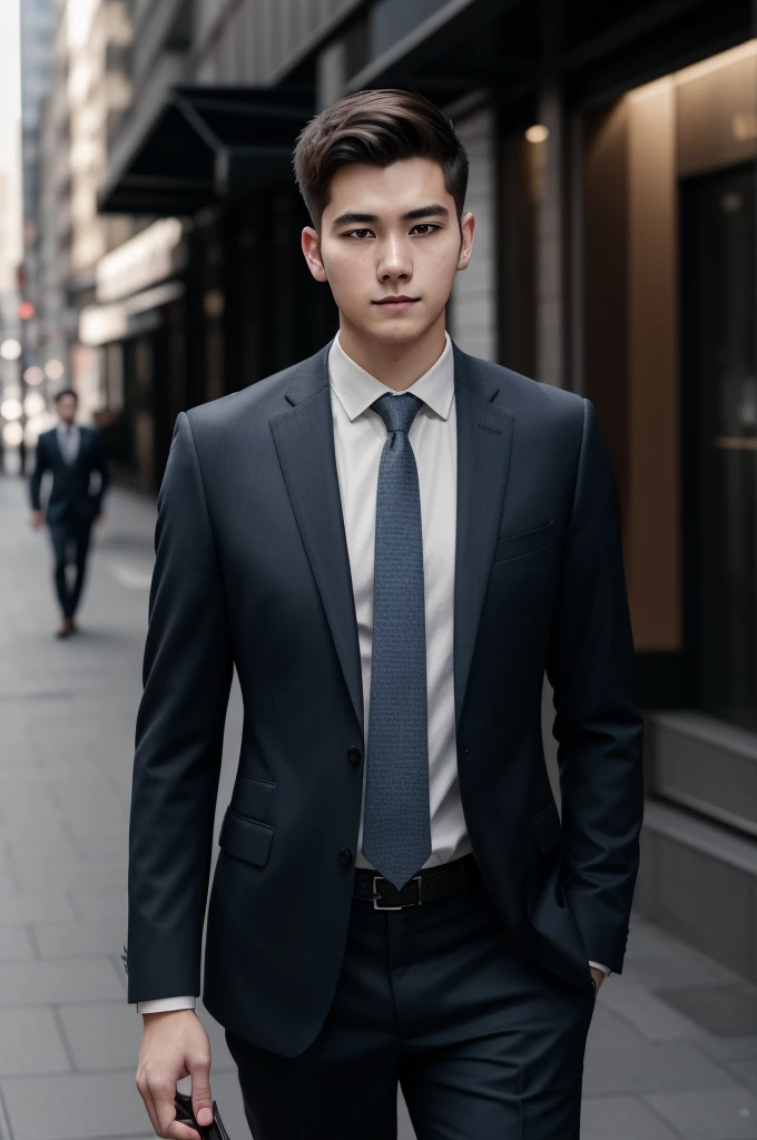 RAW Photography、Portrait photo of a 25-year-old man in a suit、daytime、the city street、（High resolution skin：1.2）、8K UHD、Digital SLR、softlighting、hightquality、film grains、FujifilmXT3