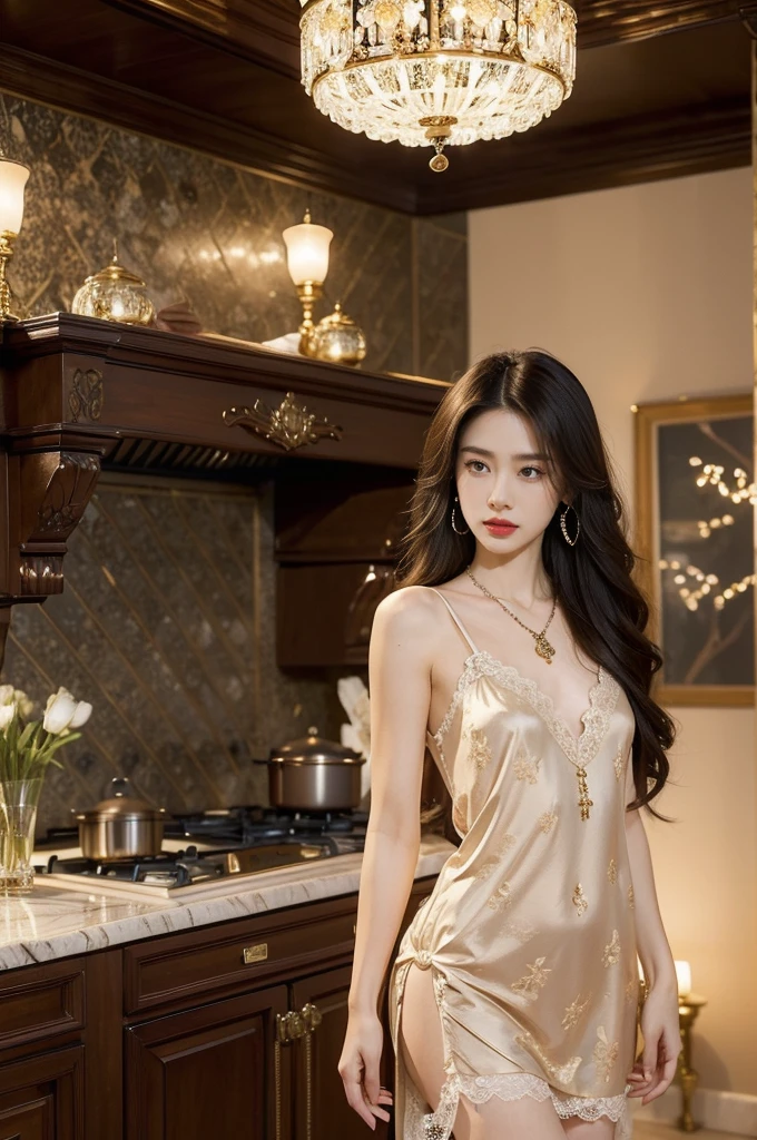 (((best quality))),(((ultra detailed))),(((masterpiece))),illustration,((1 beautiful girl,solo)),(shoulder length straight hair:1.2),((earrings,necklace)),((slim,thin)),((small breasts,flat chest)),(luxurious lace nightgown:1.3),(slender legs:1.2),(standing:1.3),(arms behind back:1.3),(sumptuous kitchen:1.3),window,bustling,metropolis,striking,delicate emerald eyes,mystery,allure,red lips,fair,complexion,sophistication,attire,exquisite,frame,plunging,intricate pattern,romance,elegance,walls,expensive,tiles,countertops,gleaming,marble,culinary,gadgets,organized,counter,aromatic,steam,simmering,stove,ambiance,(night scene:1.3),skyline,skyscrapers,distance,aglow,vibrant colors,contrast,serene,atmosphere,opulence,sophistication,light,shadow,vivid,interplay,experience,captivating,ambiance,((from front,full body))