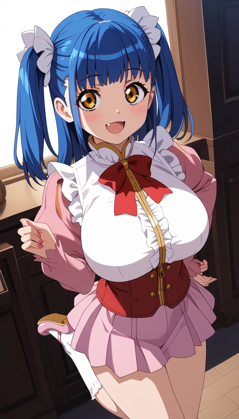 (Tuile(gravion),huge breasts,blue hair,yerrow eyes,twintail,two side up),(white long shirt,red waist ribbon,gold zipper,white frill,red ribbon,((white edge pink short skirt)),Pink sleeves,Pink Shoes、White socks:1),official art,smile,blush,open mouth,fang