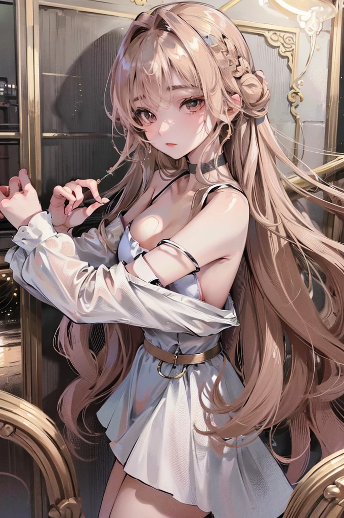 (highest resolution、clear_image)highest quality、woman、very detailed、semi-realistic、light cream hair、short hair、gray eyes、21 years old、shoulder length hair、mature、young、Tube top、choker、exquisite features、Cowboy Shot、Brown Eyes、Waist up shot、Lighter makeup、No makeup、Don't wear makeup、