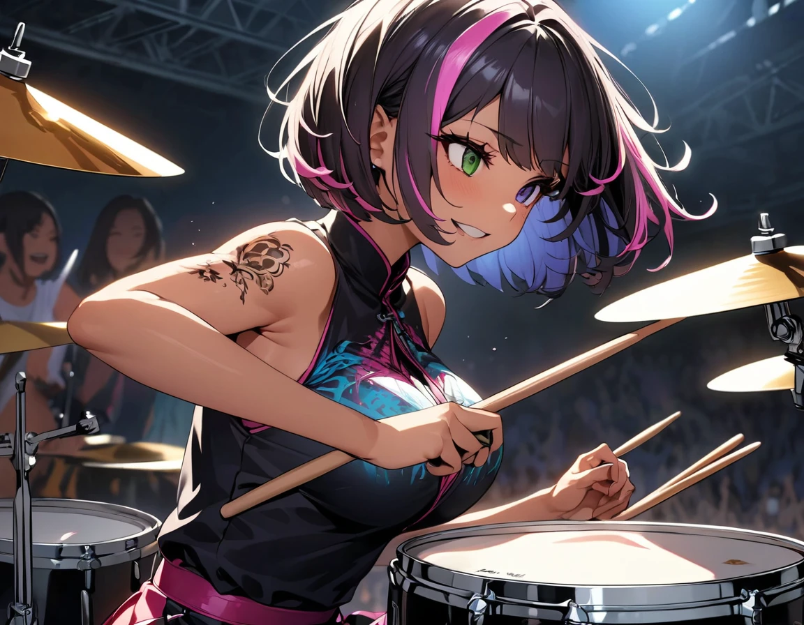 (highest quality:1.2, Very detailed, up to date, Vibrant, Ultra-high resolution, High Contrast, masterpiece:1.2, highest quality, Best aesthetics), girl, (独奏), slim, ((drummer:1.8)), heterrochromia, green eye, red eye, Passionate performance、stage、Bright colors、Beautiful fine details、Beautiful lip detail、extra short hair, ((bob cut:1.5))、pink and purple ((streaked hair:1.9)), (highlights hair: 1.6), middium breast, (tan skin:1), Concert Light、Edgy Style、colorful Cheongsam, (no sleeve:1)、Dynamic Movement、hypnotic sounds, (girl playing a drum set,drum performance,drums,Drumstick,sitting:1.2), (The drum set includes Bass Drum, Floor tom, Snare drum, Rack tom, Hi-hat, Crash cymbal, Ride cymbal:1.3))), sitting small drum chair in the center of drum sets, holding drumstickes on both hands, Stadium、amplifier、Loud music、,Sparkling stage、Concert atmosphere、Music Festival、Full of emotion、Rock star attitude、Resolute expression、Avid Fan、The presence of an attractive stage、 Expressive gestures、Rock star aura、An exciting atmosphere、An unforgettable show, (Floral Fineline tattoo design on right arm:1), side view