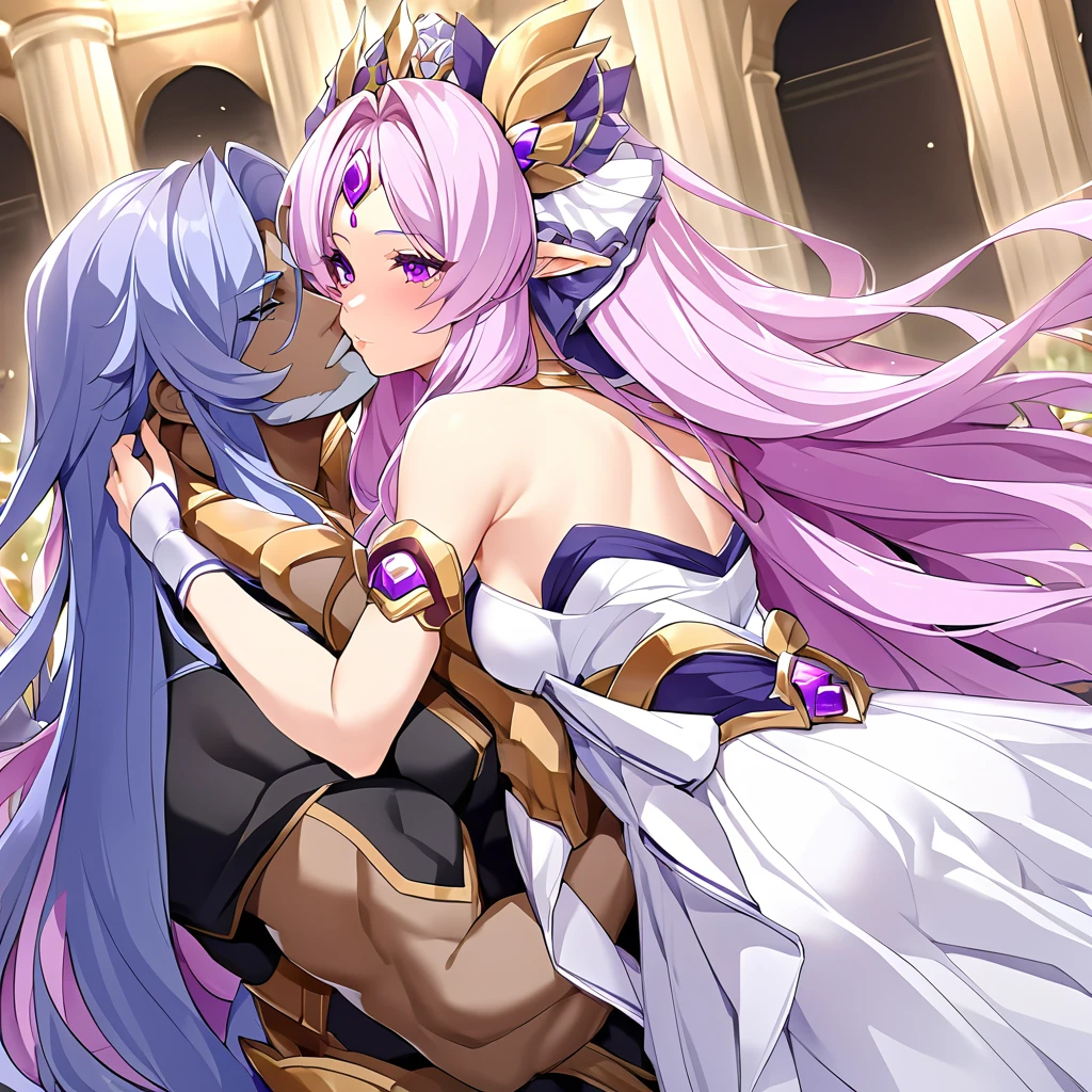 ((Highest quality)), ((masterpiece)), (detailed), (Perfect Face)、The woman is a goddess, Extia, who became the Greek goddess Hera.々Hera, the goddess of marriage and wife of Zeus, king of the gods、The woman is the queen of the one and only god Zeus, the goddess Hera. She has medium-long blue hair, an engagement ring, gorgeous accessories, and is an elegant goddess. She is the graceful and beautiful queen of the gods, Hera.、As the goddess Hera, the woman loved Zeus and served him as his wife.、Zeus embraces and loves the woman, Hera.
